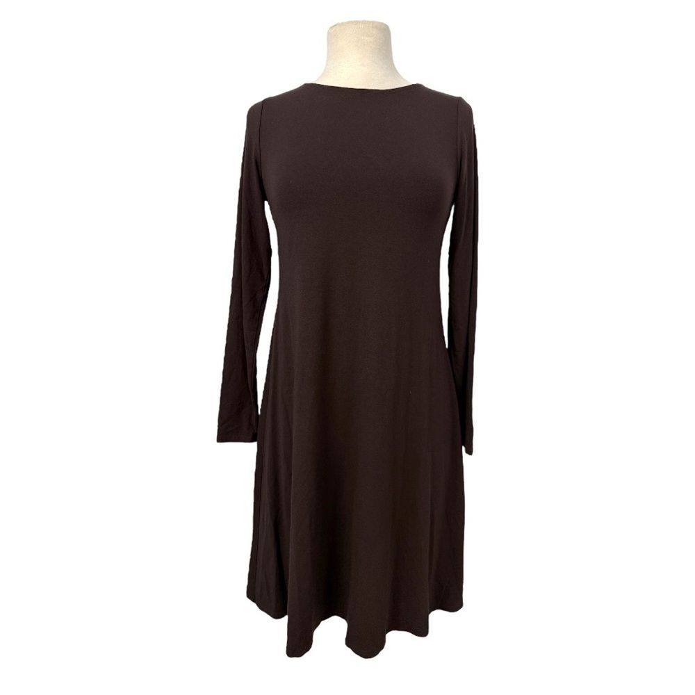Eileen Fisher Dark Brown Jersey Long Sleeve Dress Womens Size XS